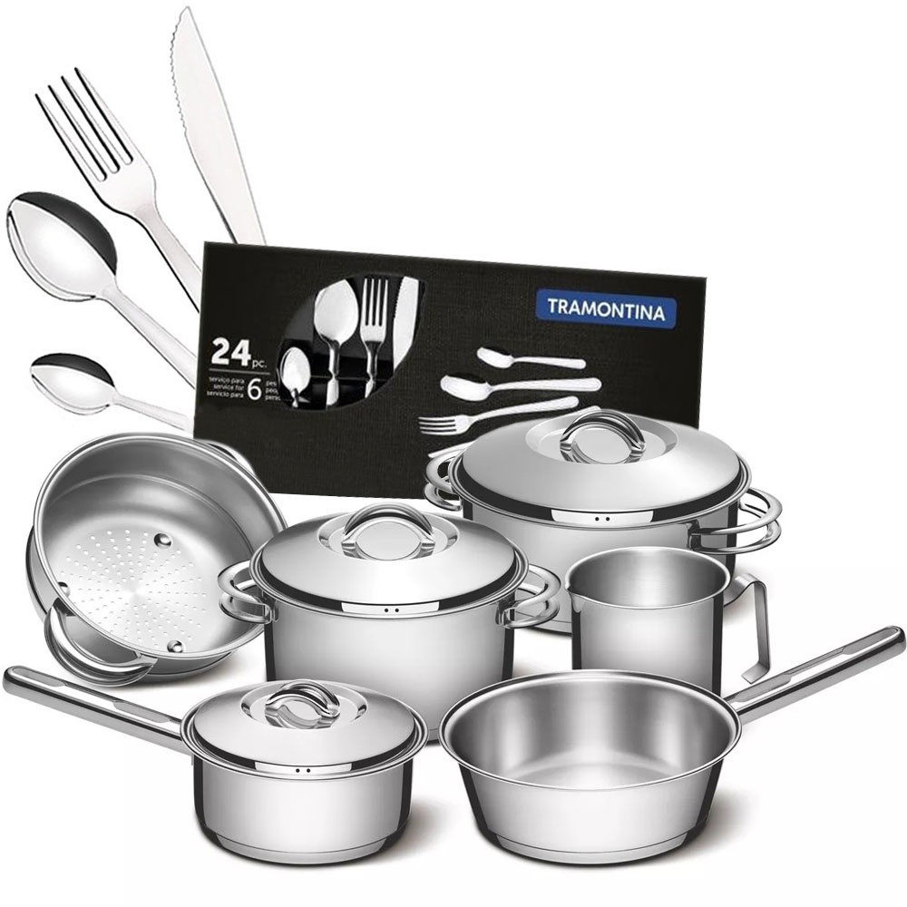 Jogo de Panelas Inox Indução 6 Peças Solar Tramontina e Faqueiro 24 — Cozinha e Utensílios