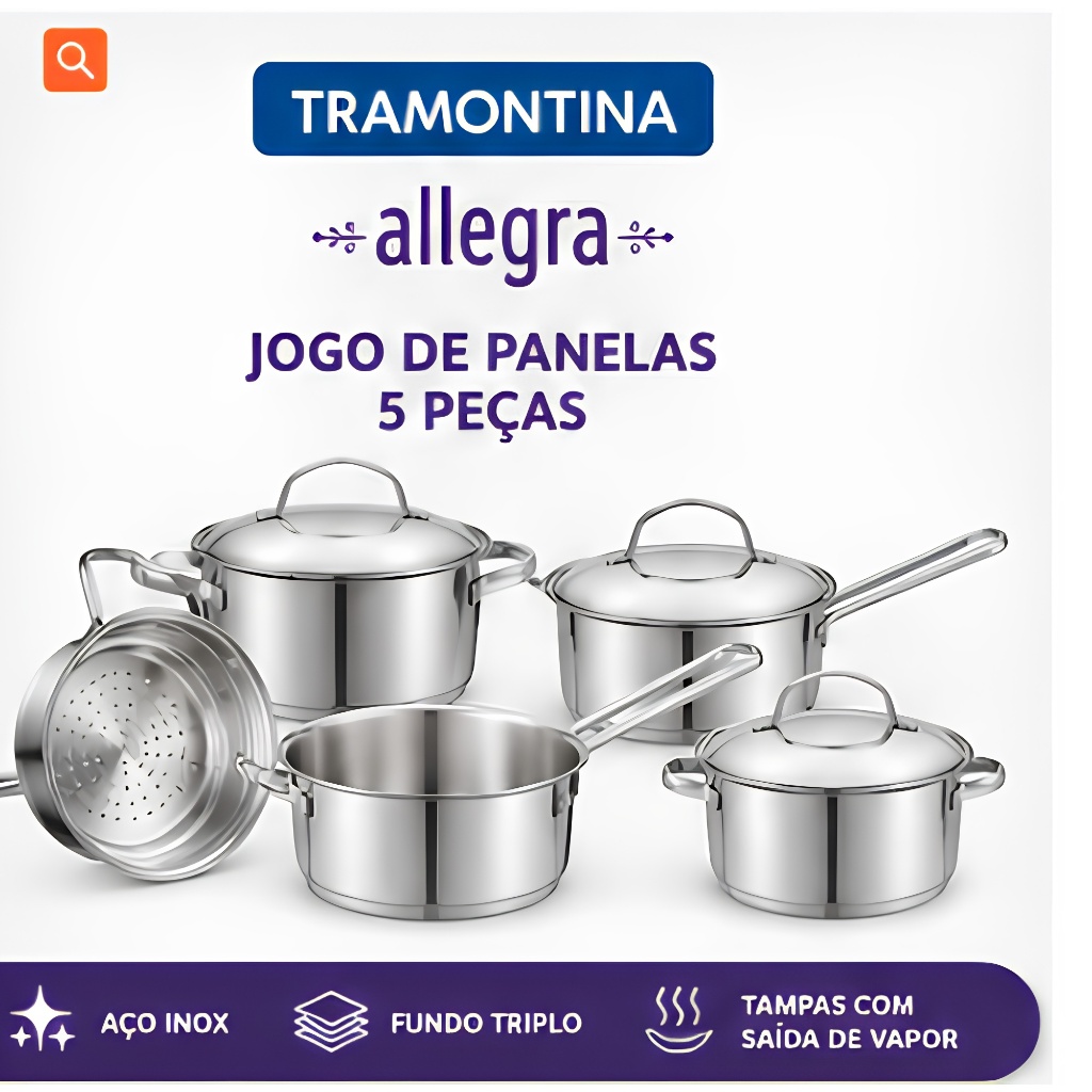 Jogo de Panelas Tramontina Allegra 5 Peças em Aço Inox com Fundo — Cozinha e Utensílios