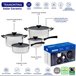 Jogo de Panelas Tramontina Solar Aço Inox Indução Antiaderente