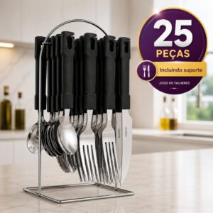Jogo de Talheres Faqueiro Inox 25 Peças Pratic com Porta Talheres