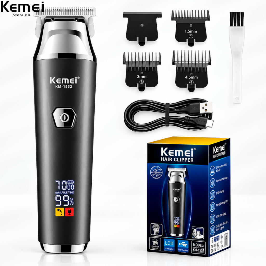 Kemei-Clipper para homens, aparador de barba, LED Digital Clippers