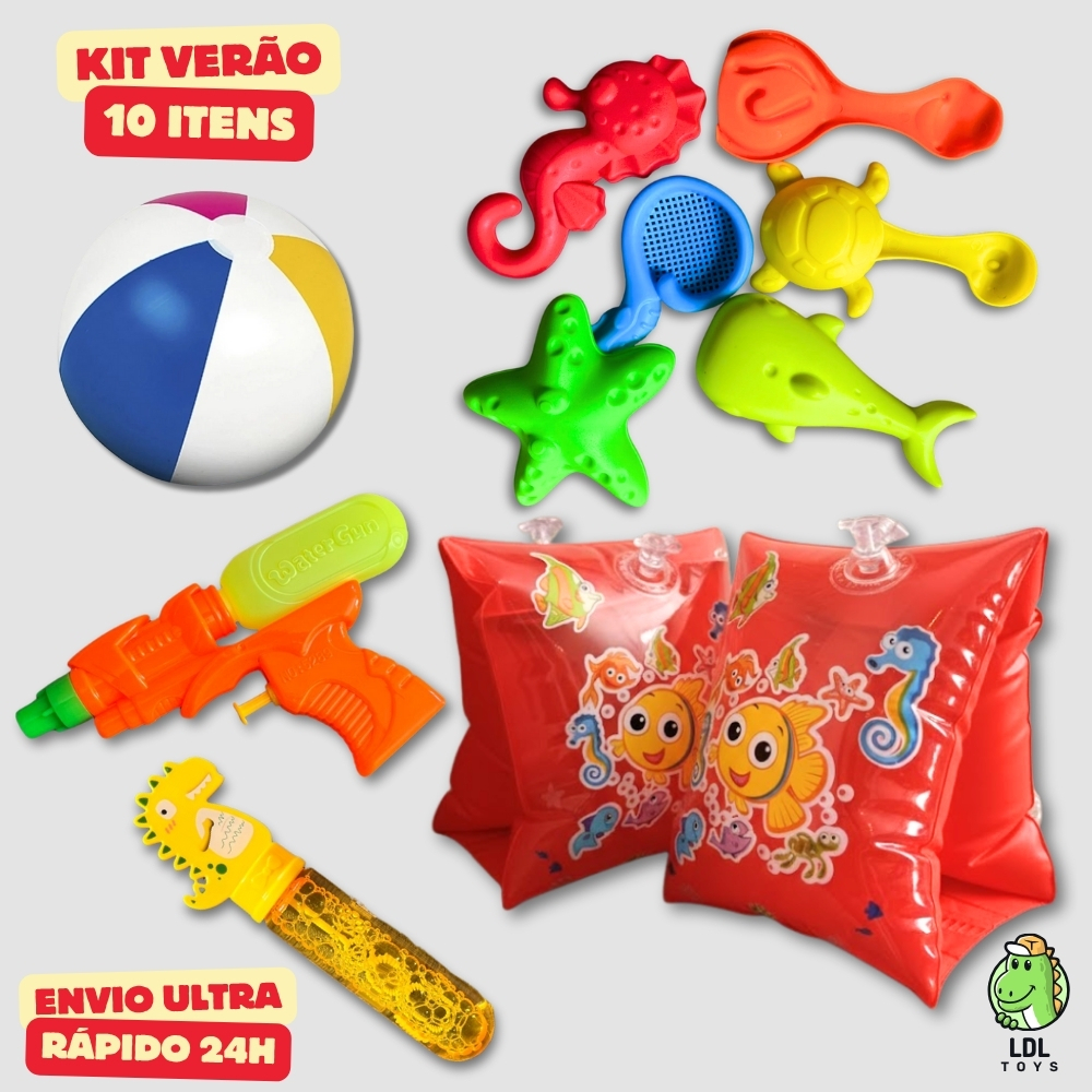 Kit 10 Brinquedos Verão Praia Piscina Boia Bola Areia Forminhas Bolha