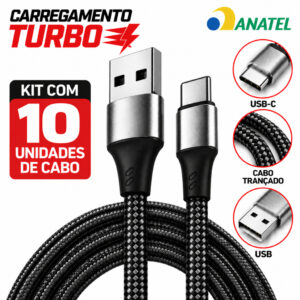Kit 10 Cabos Carregador Tipo C 6A 120W Turbo 2 Metros Reforçado