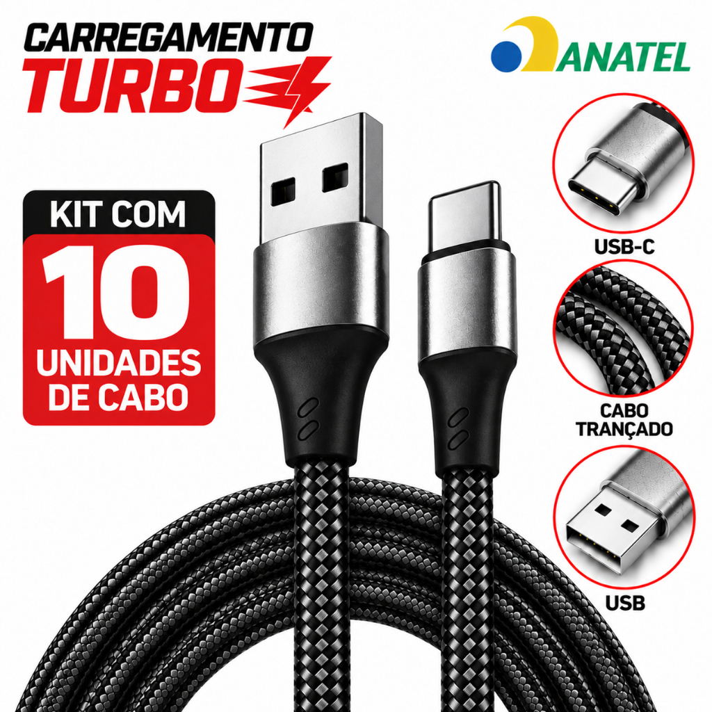 Kit 10 Cabos Carregador Tipo C 6A 120W Turbo 2 Metros Reforçado