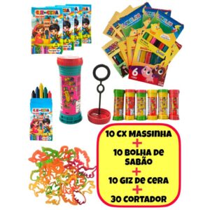 Kit 10 Cx Massinha de Modelar 10 Bolha Sabão 10 Giz De Cera 30