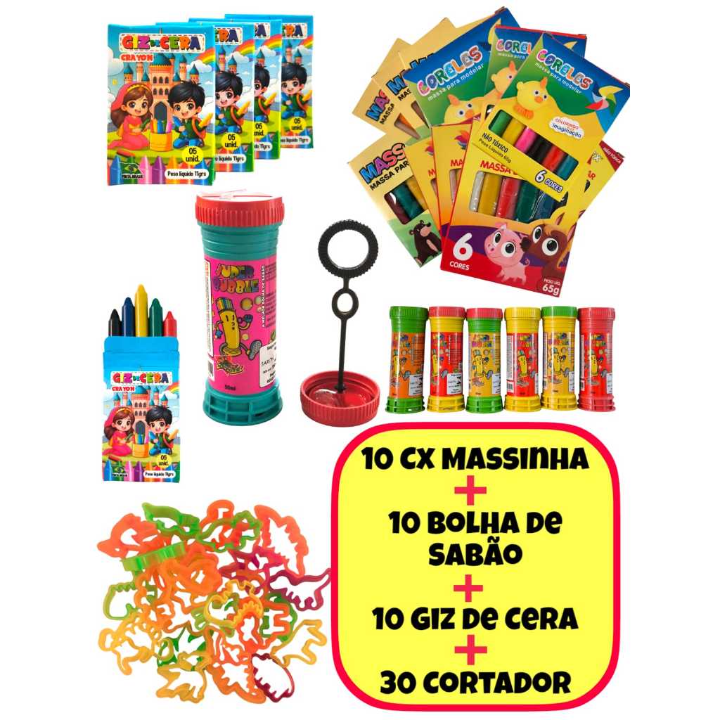 Kit 10 Cx Massinha de Modelar 10 Bolha Sabão 10 Giz De Cera 30