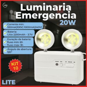 Kit 10 Luminária de Emergência Led 20W Luz Branco Frio com 2 Farol 40