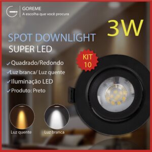 Kit 10 Luminária Spot Led Redondo Direcionável 3W Embutir Gesso Teto