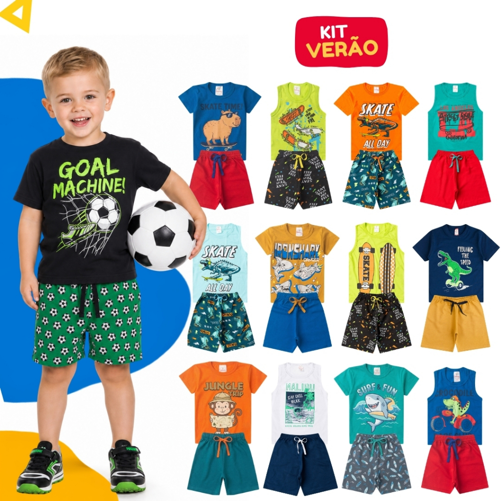 Kit 10 Peças Roupa Infantil Menino Verão Conjunto 5 Camisetas 5