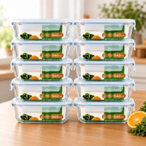 Kit 10 Potes de Vidro Herméticos 640ml Marmita 4 Travas para Freezer