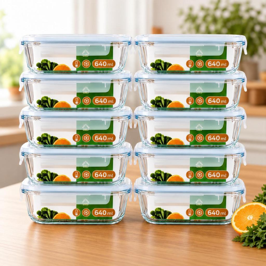 Kit 10 Potes de Vidro Herméticos 640ml Marmita 4 Travas para Freezer