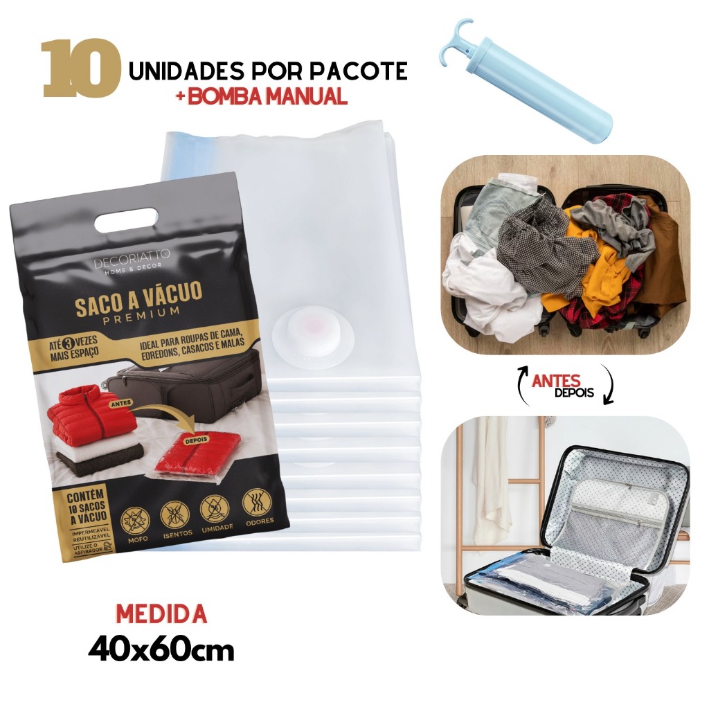 Kit 10 Saco a Vácuo 40x60cm com Bomba Manual Organizador p Mala — Organização