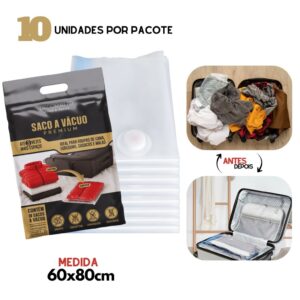 Kit 10 Saco a Vácuo 60x80cm Organizador p Mala Viagem Roupas Guarda