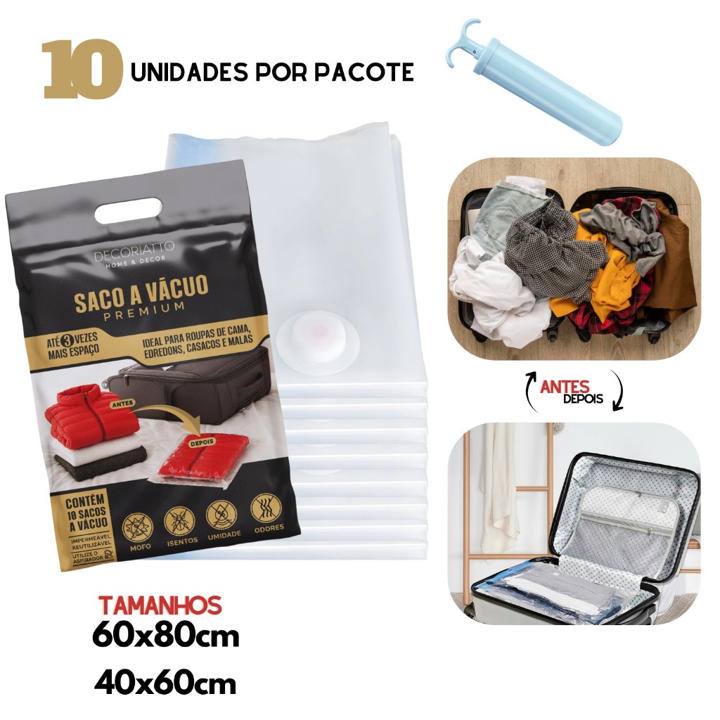 Kit 10 Saco a Vácuo com Bomba Manual Organizador p Mala Viagem Roupas