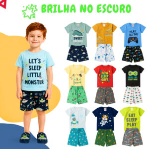 Kit 12 Peças Pijama Infantil Brilha no Escuro Menino Verão Roupa