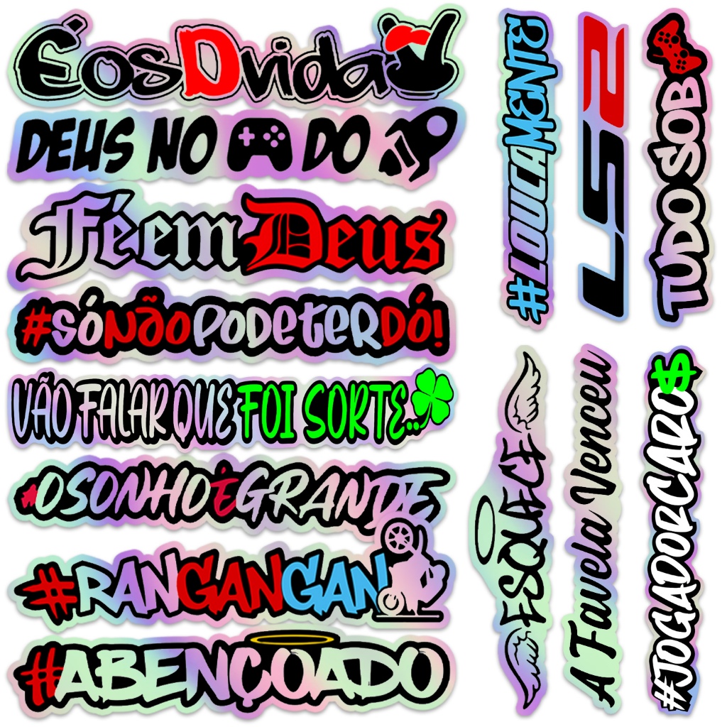 Kit 14 Adesivos Frases Holográfico Grande 20cm Carro Moto Bike Bag
