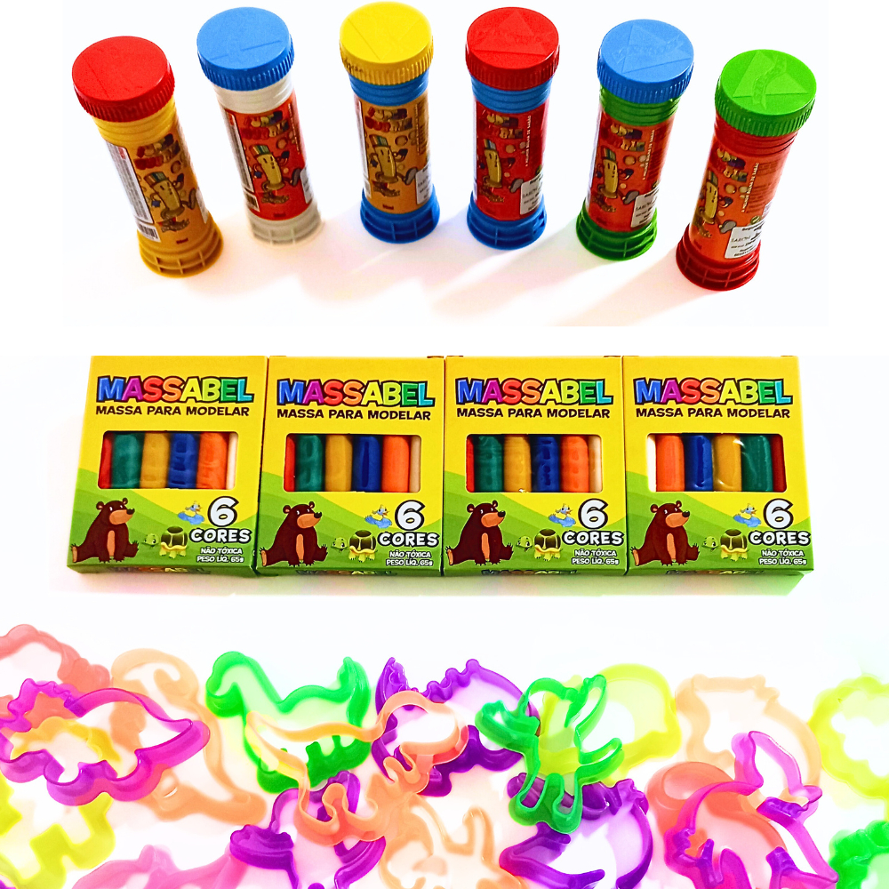 Kit 15 Cx Massinha de Modelar 15 Bolha de Sabão 15 Forminhas Cortador