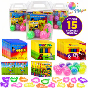 Kit 15 Maletinha Transparente Massinha Modelar Giz Cera 45 Lembracinha