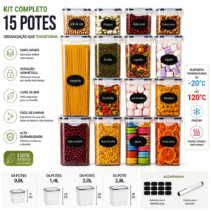 Kit 15 Potes Hermético Cadencia Mantimentos Quadrado Freezer