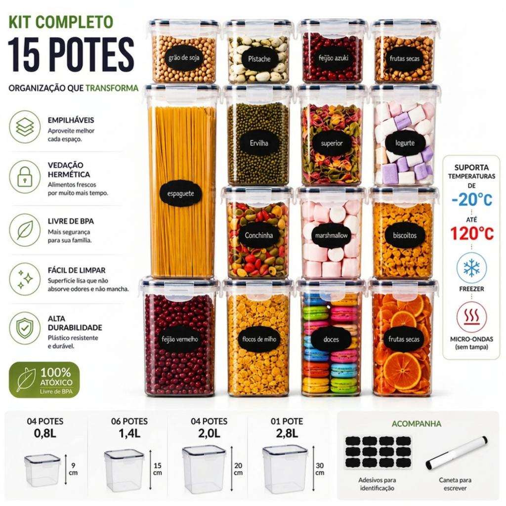Kit 15 Potes Hermético Cadencia Mantimentos Quadrado Freezer