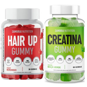Kit 1x Creatina Gummy 60 gomas Hair Up Gummy 30 gomas Morango Samurai