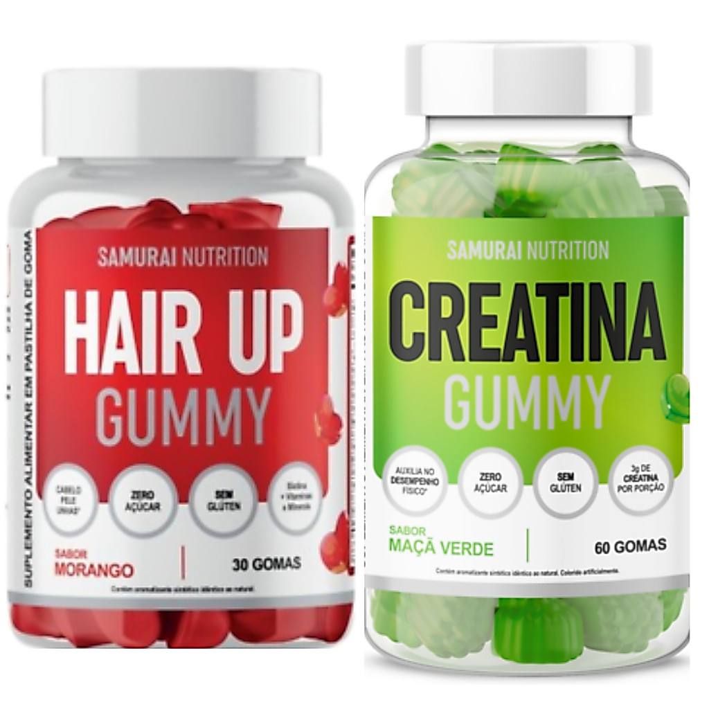 Kit 1x Creatina Gummy 60 gomas Hair Up Gummy 30 gomas Morango Samurai