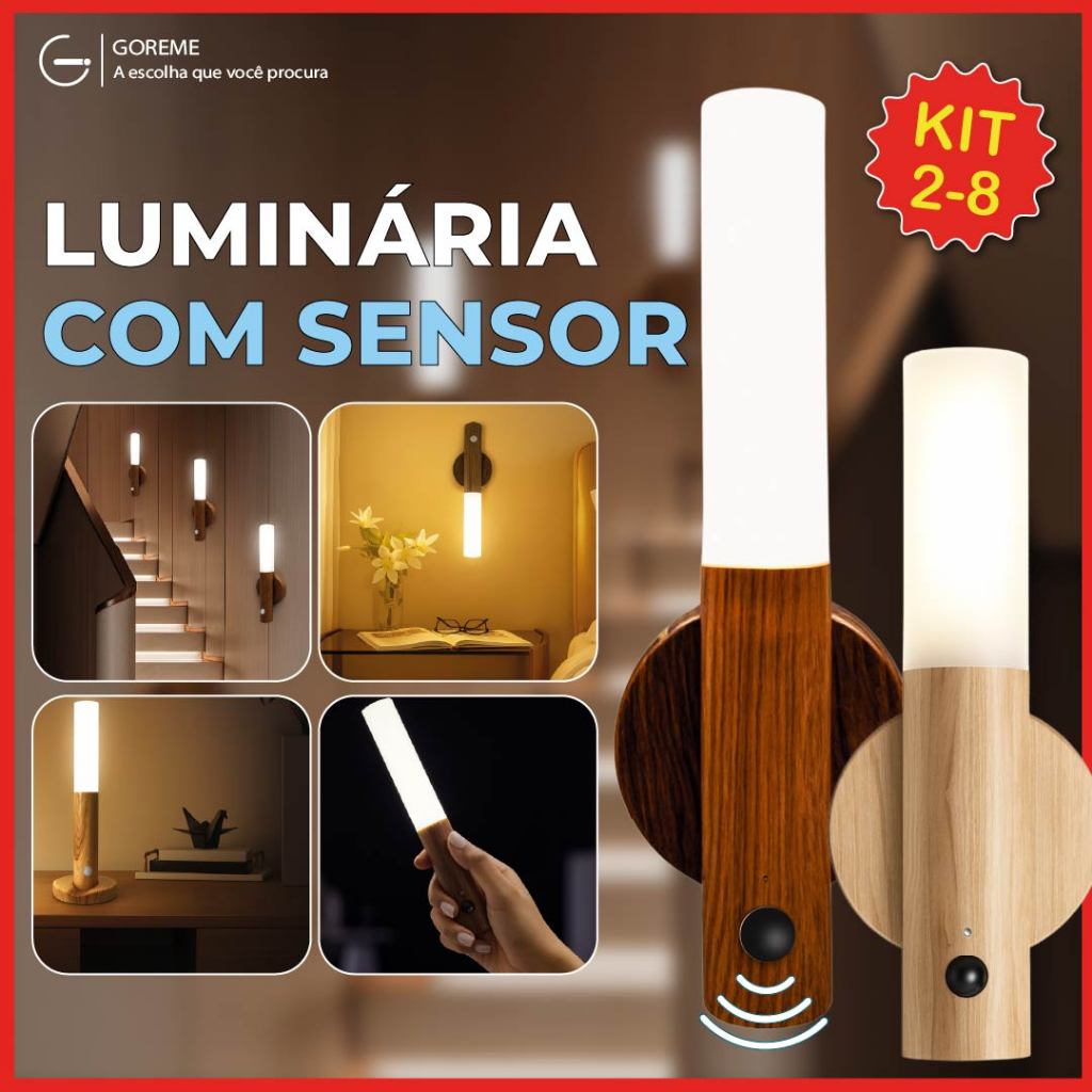 Kit 2-8 Luminária Portátil com Sensor de Movimento Led Moderno