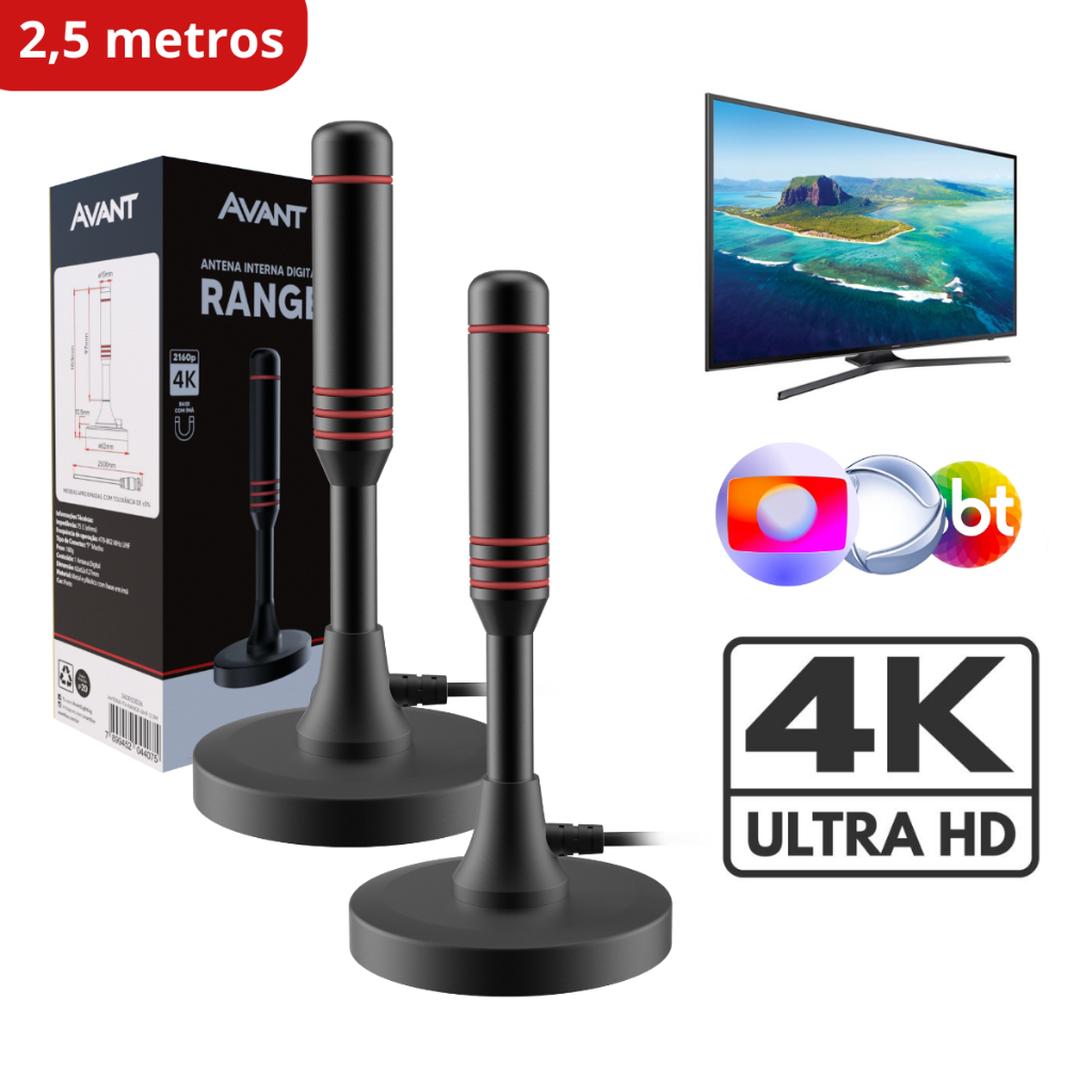 Kit 2 Antena Digital Tv UHD 4K Digital Range Com Base Magnética e