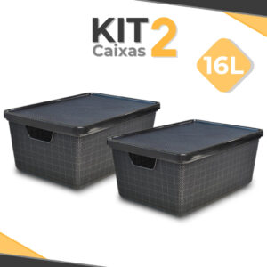 Kit 2 Caixa Organizadora 16 Litros Preta C Tampa Alça Cesto Telado