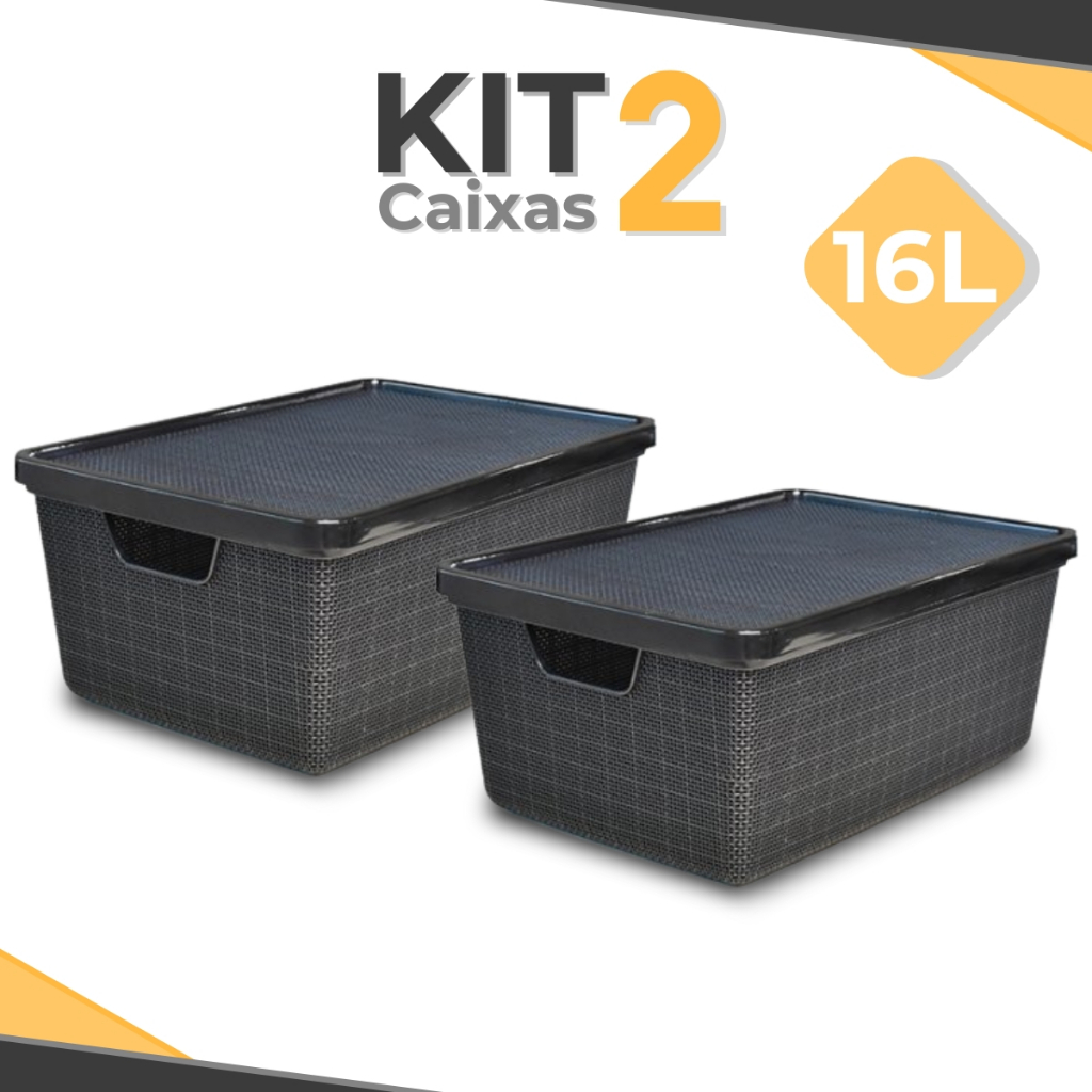 Kit 2 Caixa Organizadora 16 Litros Preta C Tampa Alça Cesto Telado