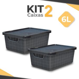 Kit 2 Caixa Organizadora 6 Litros Jutta Preta C Tampa Cesto