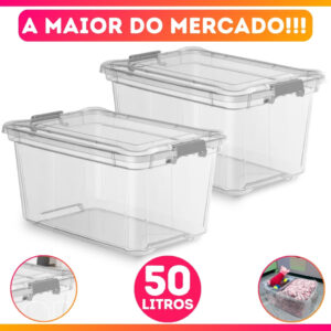 Kit 2 Caixa Organizadora Transparente Multiuso C Trava 50 Litros