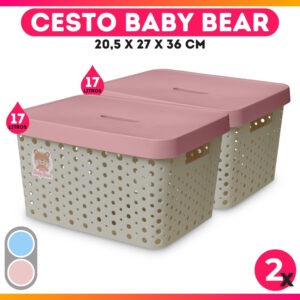 Kit 2 Caixas Cesto Organizador Baby Bear Rosa Azul 17L Trama Rattan