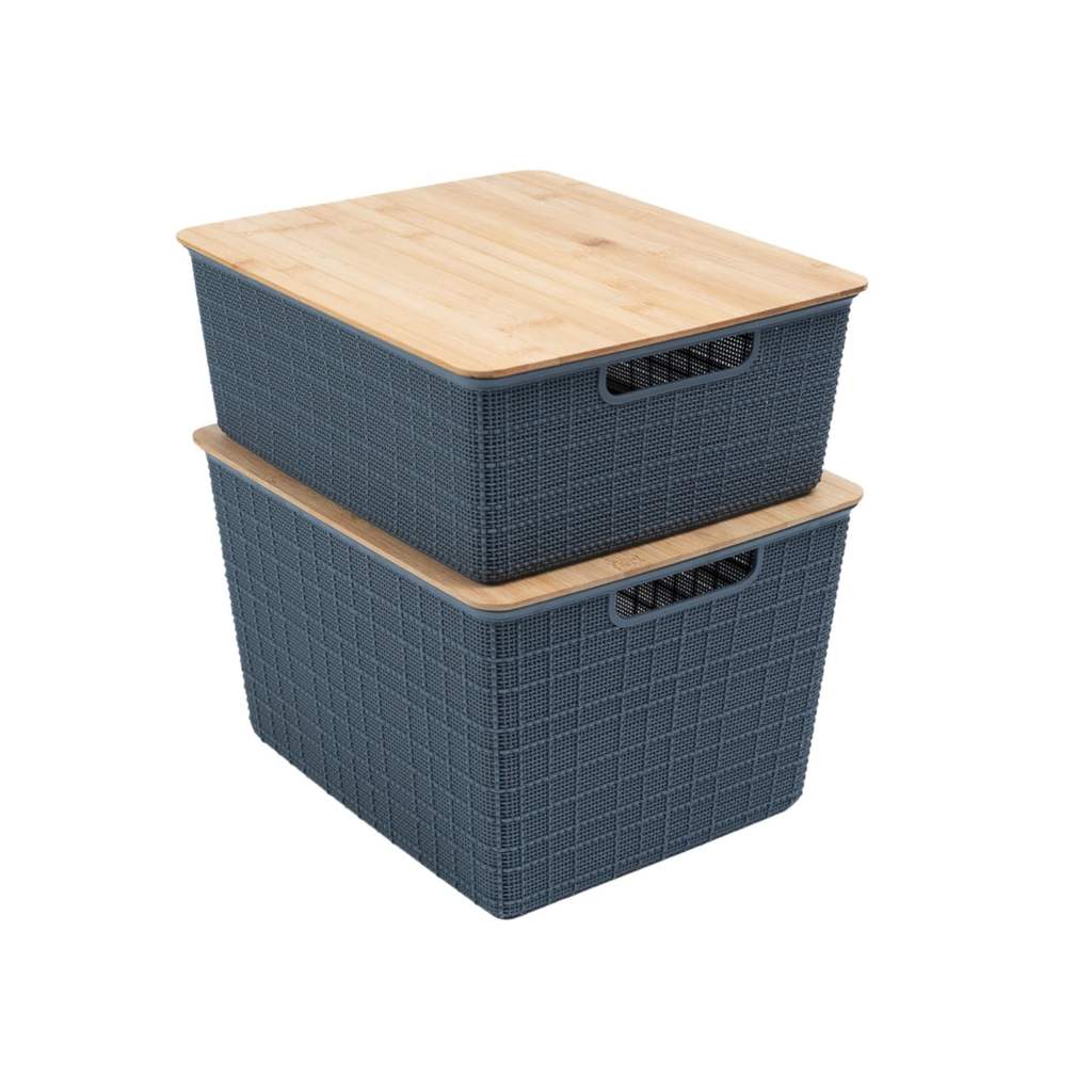 Kit 2 Caixas Organizadoras Tampa Bambu 12l 18l Cinza Oikos