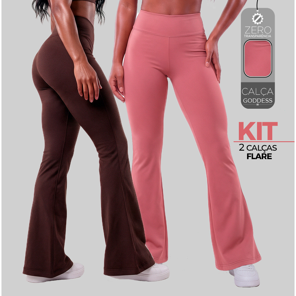 Kit 2 Calças Legging Flare Fitness Feminina Cós Alto Bailarina Zero