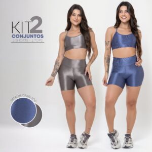 Kit 2 Conjuntos Fitness Feminino Top e Short Cós Alto Canelado Brilho