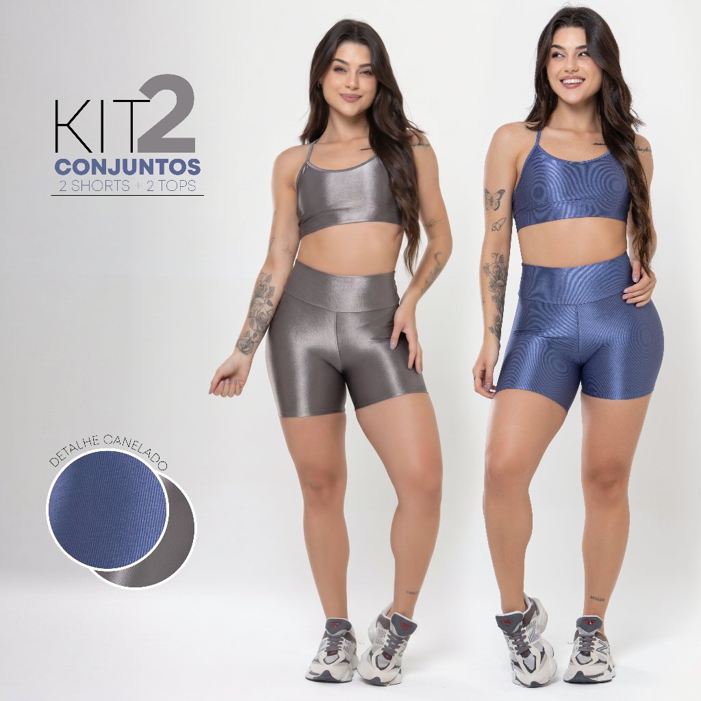 Kit 2 Conjuntos Fitness Feminino Top e Short Cós Alto Canelado Brilho