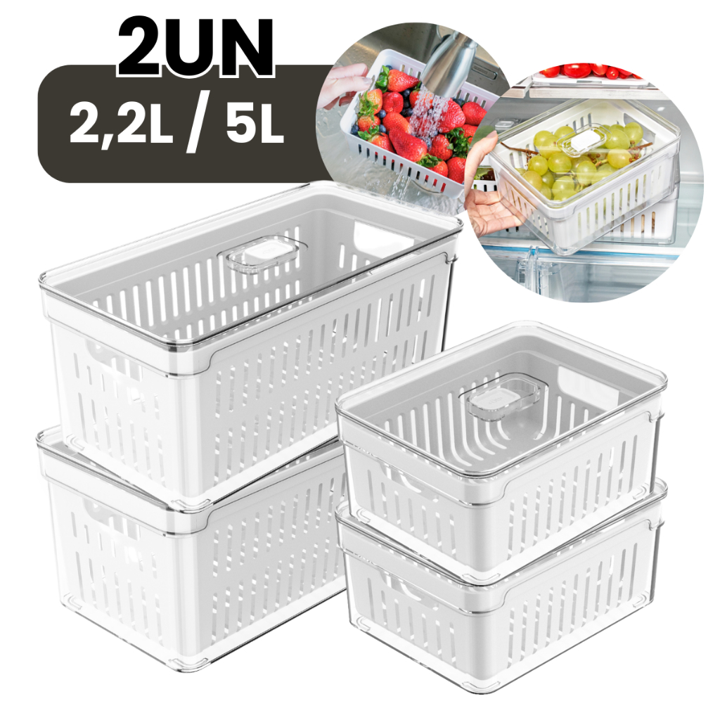 Kit 2 Organizadores De Geladeira 2,2L 5 Litros Com Bandeja Drenagem — Organização