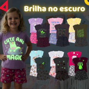 Kit 2 ou 4 Peças Pijama Infantil Menina Brilha no Escuro Verão Roupa