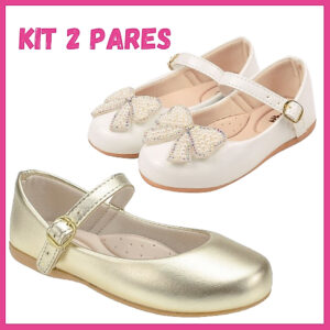 Kit 2 Pares Sapatilha Infantil Básica Boneca Laço Verniz Metálica