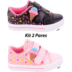 Kit 2 pares Tênis Infantil Feminino Sorvetinho Meninas Preto e Rosa