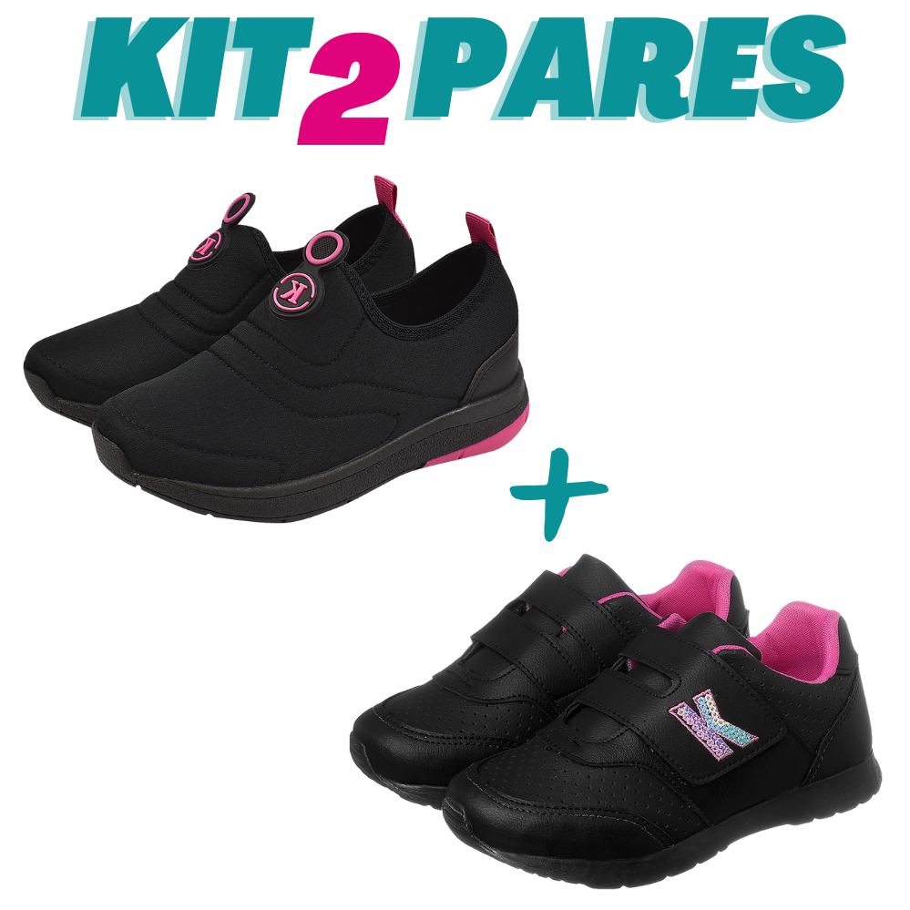 Kit 2 Pares Tênis Meia Calce Facil Infantil Menina Preto Pink e Tênis