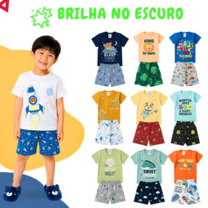 Kit 2 Peças Pijama Infantil Brilha No Escuro Menino Verão Roupa