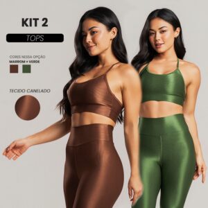 Kit 2 Tops Fitness Feminino Canelado Brilho Modelador Confortável