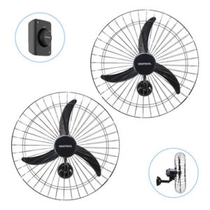 Kit 2 Ventiladores Parede 200W 60cm 3 Pás Preto Bivolt Potente P