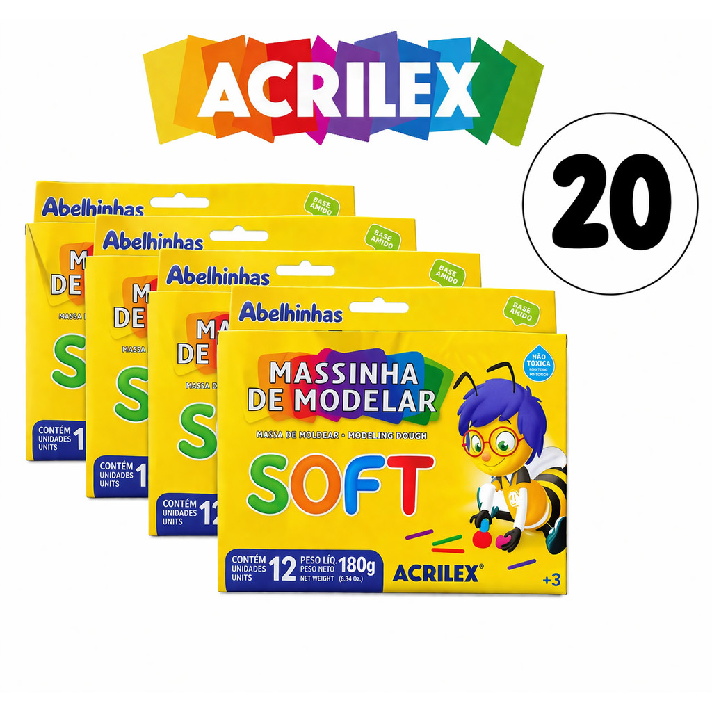 Kit 20 Caixas Massinha De Modelar Acrilex Soft 12 Cores — Brinquedos