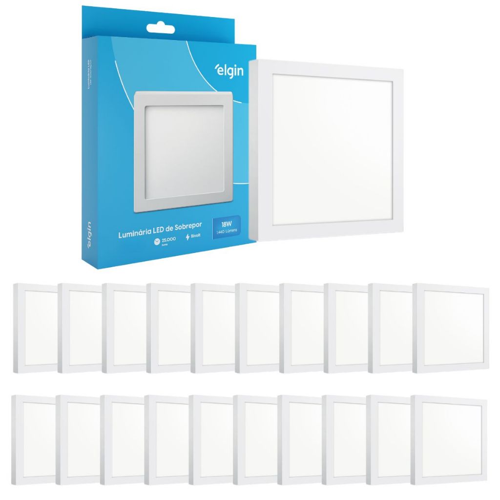 Kit 20 Luminária Painel Plafon Sobrepor Quadrado Led 18w Bivolt Elgin