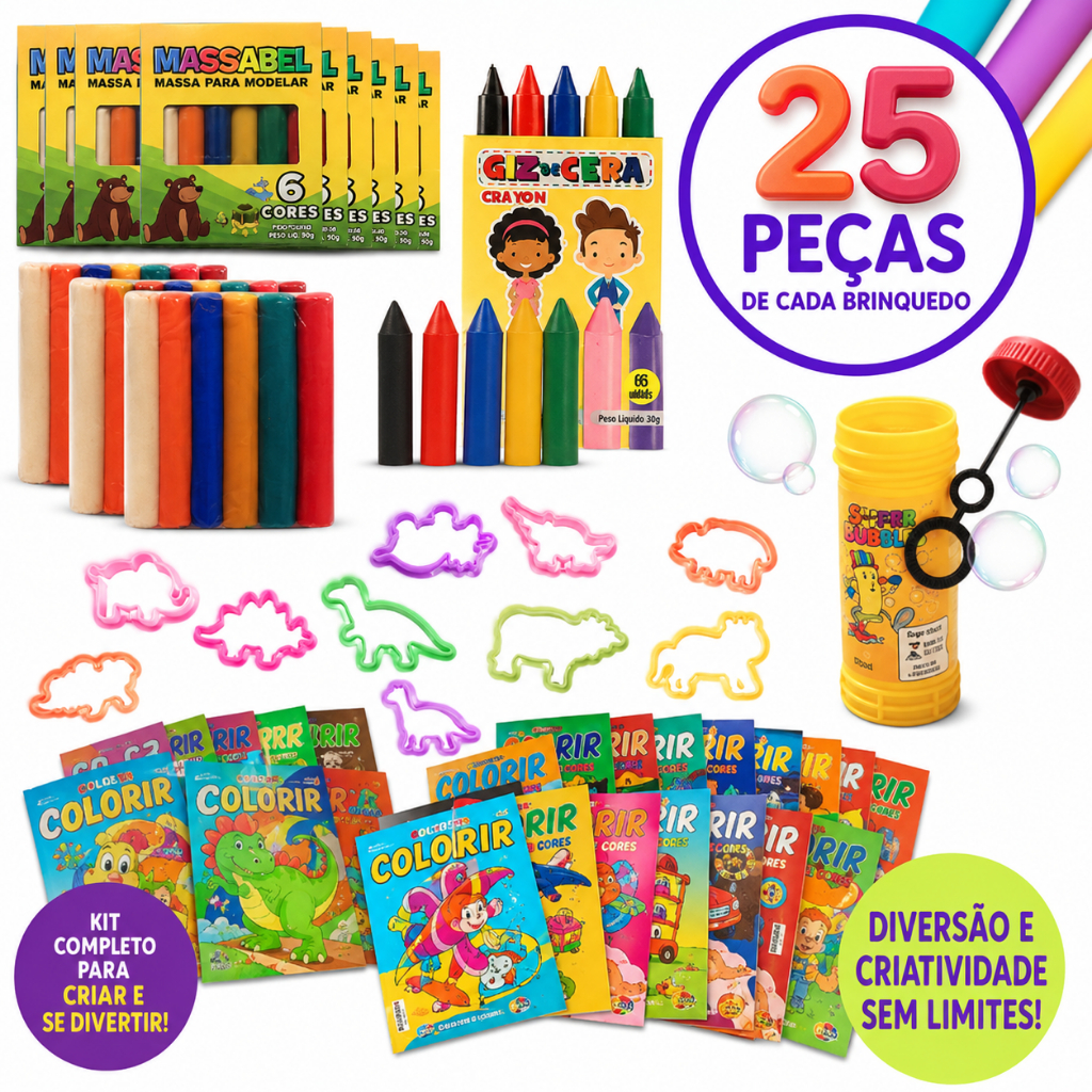 Kit 25 CX Massinha de Modelar Bolha Sabao +Colorir Giz de Cera+ Molde — Brinquedos