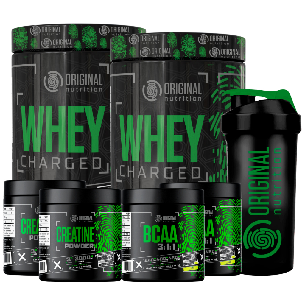 Kit 2x Suplemento em pó Whey Protein Charged 2 Bcaa 2 Creatina Shaker