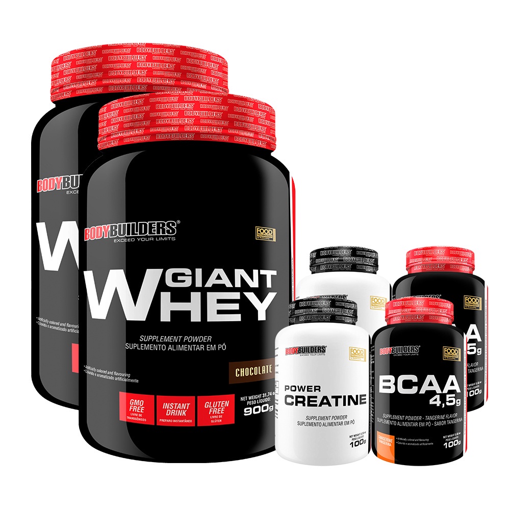 Kit 2x Whey Protein Giant Whey 900g 2x Power Creatina 100g 2x Bcaa